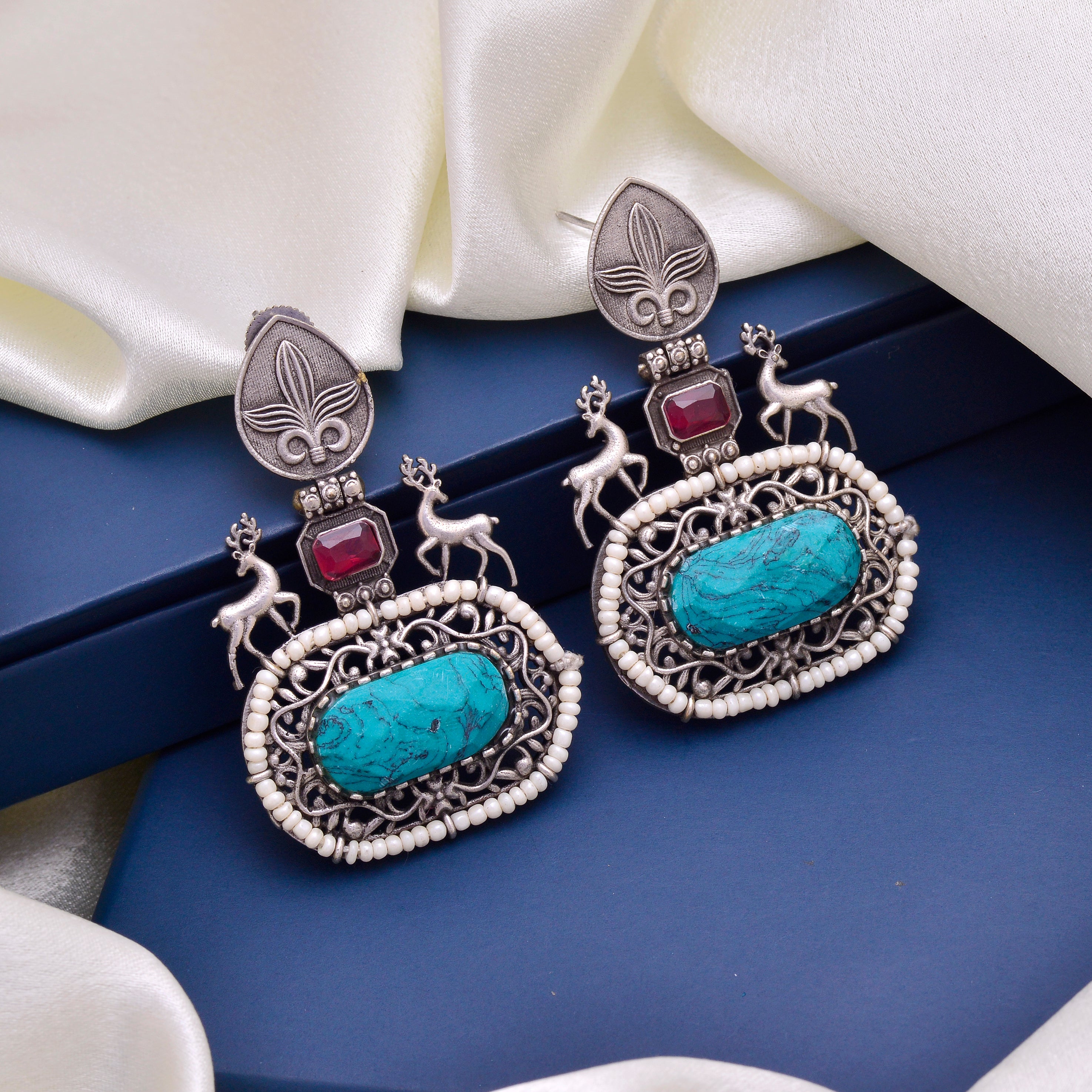 Tribal Deer Motif Earrings with Stone