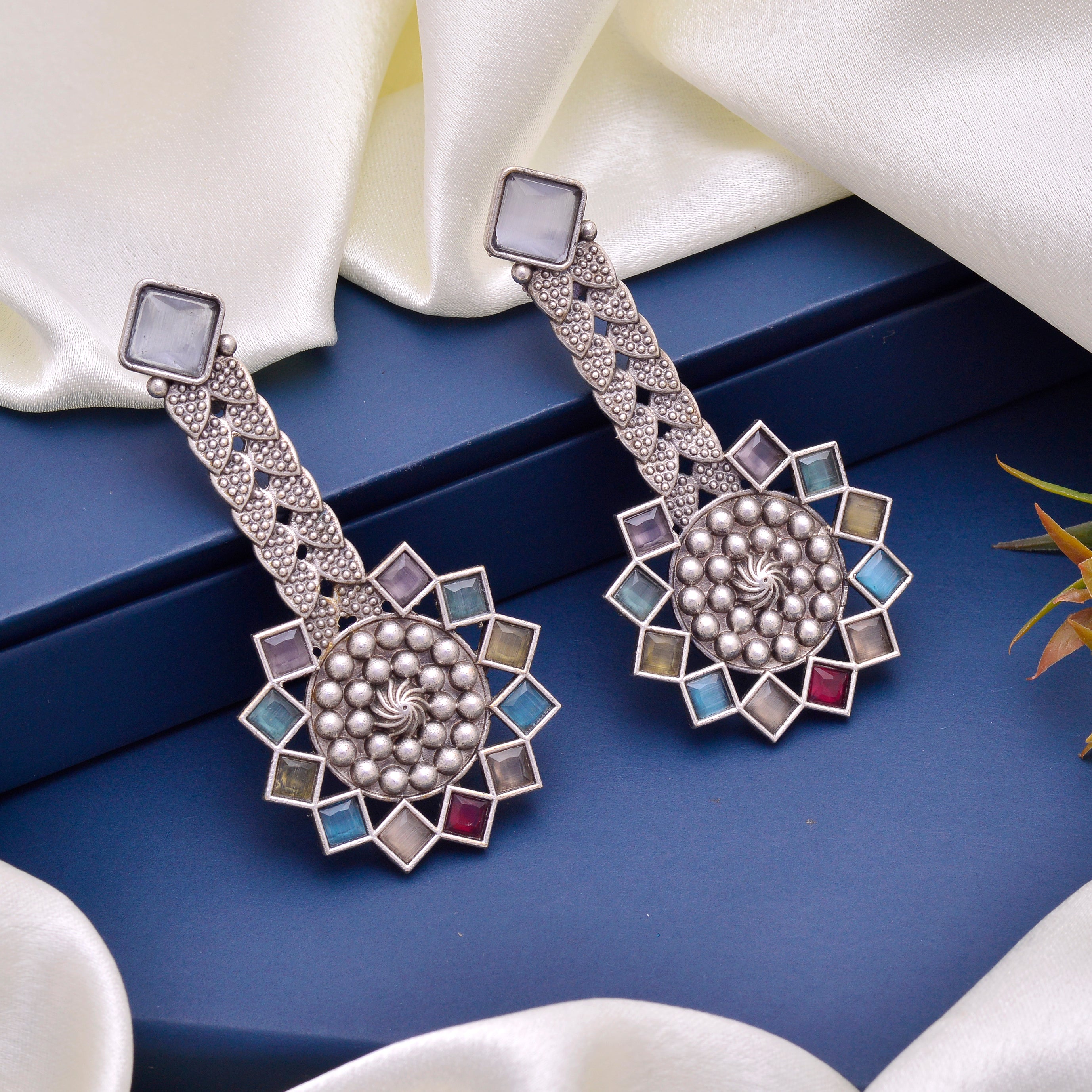 Geometric Enamel Studded Drop Earrings